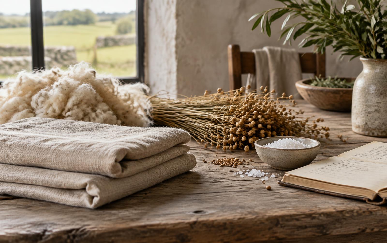 Linen, raw wool, flax, and sea salt arranged on a worktable