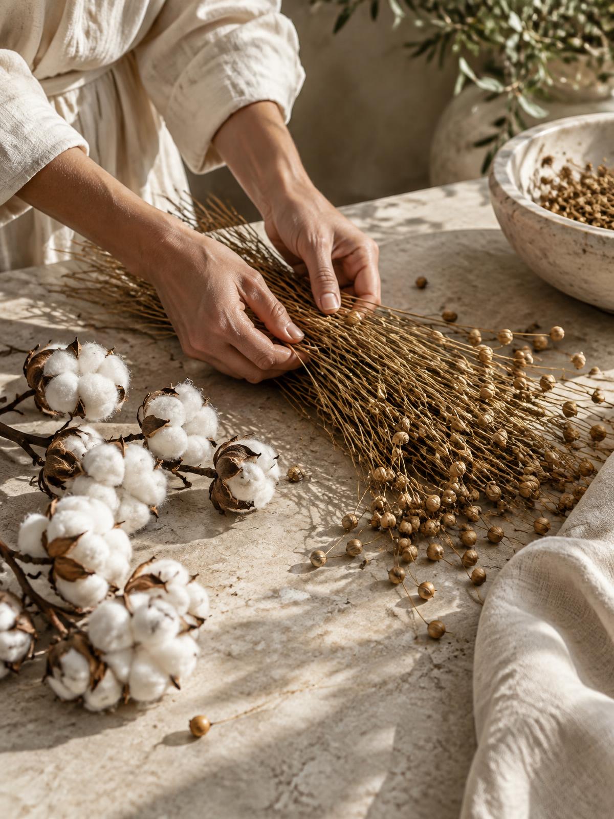 Hands sorting natural flax and cotton fibers